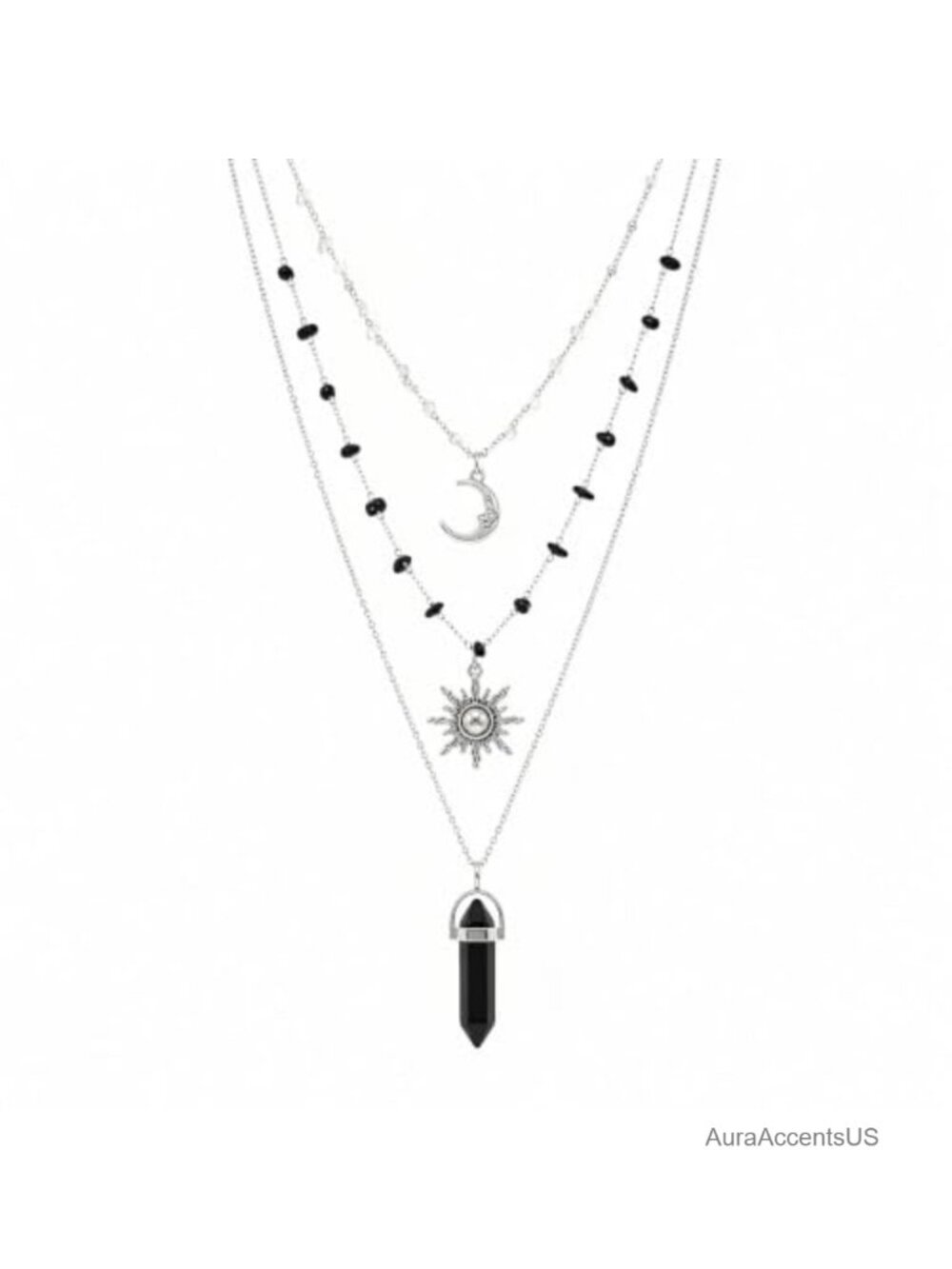 Crystal Sun Moon Pendant Necklace 3-Layer Alloy Fairy Fantasy Jewelry